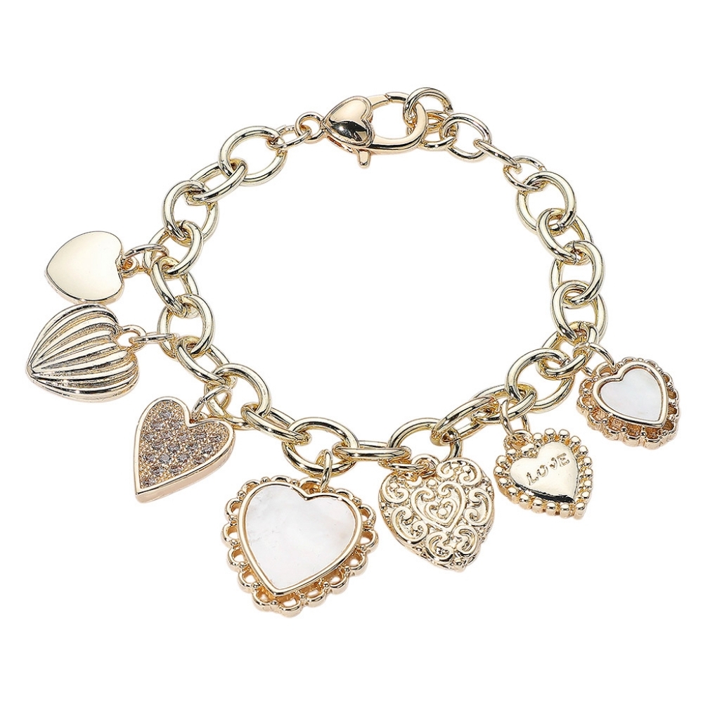 14K Gold Plated Mother of Pearl Heart Charm Bracelet with CZ – Adjustable 7.75"